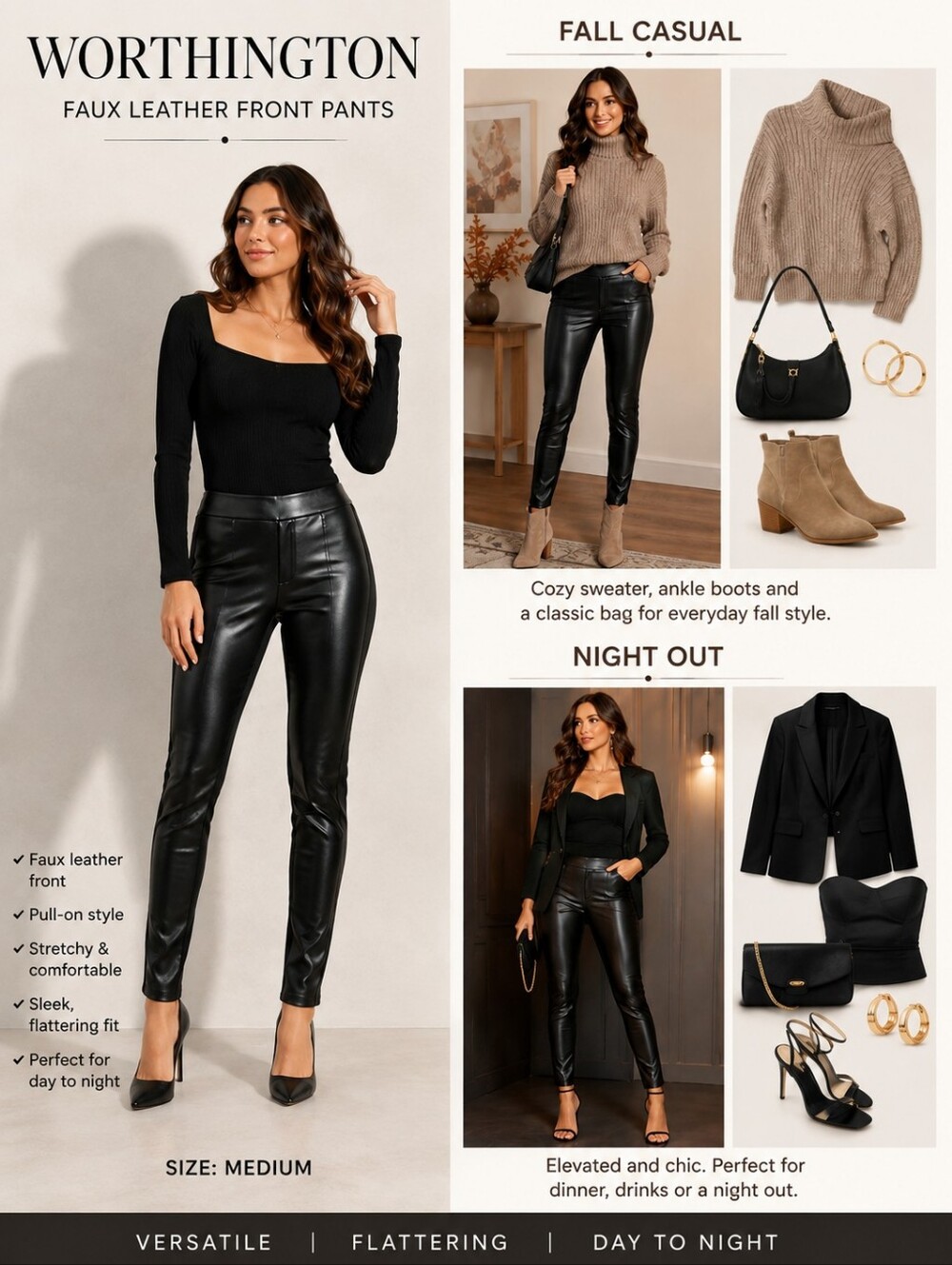 NWT‎ Worthington Faux Leather Front Pull-On Leggings Black Skinny Pants Medium